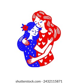 Mom hugs her daughter or older sister hugs her younger sister, minimalistic flat vector illustration.