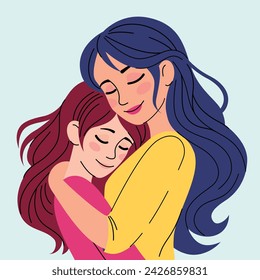 Mom hugs her daughter.Mother's day card.Family, parents,love.Flat isolated vector illustration