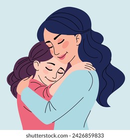 Mom hugs her daughter.Mother's day card.Family, parents,love.Flat isolated vector illustration