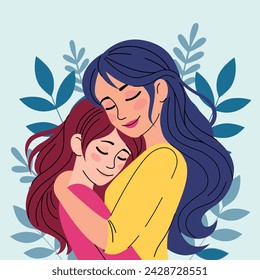 Mom hugs her daughter.Mother's day card.Family, parents,love.Flat isolated vector illustration