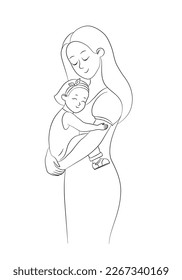 Mom hugs her little daughter and smiles. Young woman holds baby in her arms. Doodle, sketch, vector, template for design and cards