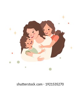 Mamá abraza a su hijo e hija. Feliz familia. Mamá ama a los niños. Día internacional de la maternidad, Día de la Mujer. La crianza y el cuidado de los hijos. Ilustración de dibujos animados planos vectoriales en colores pastel