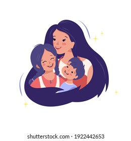 Mom hugs her son and daughter. Happy family. Mom love for children. International maternity day, women day. Parenting and caring. Vector flat cartoon illustration in pastel colours