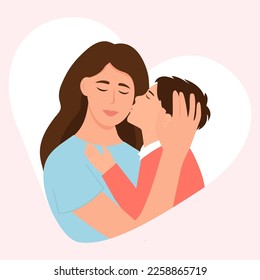 Mom hugs her son . Mother holds child. Mothers Day.Parent shows love and care. Vector illustration