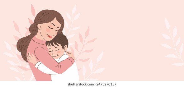 Mom hugs her son. Motherhood, parenthood. Woman with child. Mother's day banner, card. Vector cartoon illustration in flat style.Banner with space for text