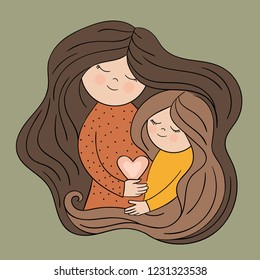 Mom hugs little daughter. Long hair. Vector image