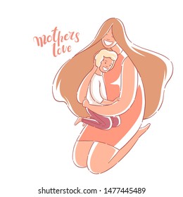 Mom hugs son. Mother's love. Hand drawn style vector design illustrations.