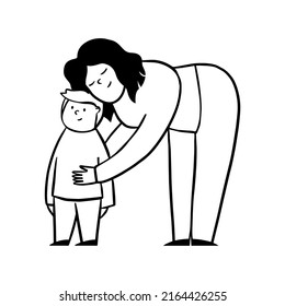 Mom hugs son outline illustration in doodle style 