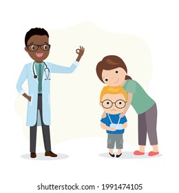 Mom hugs and soothes upset boy. Child with trauma at podiatrist appointment. African american doctor says everything is fine. Traumatology, healthcare. Kid in cast with broken arm. Vector illustration