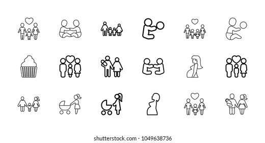 Mom icons. set of 18 editable outline mom icons: family, woman with baby carriage, couple with newborn, pregnant woman