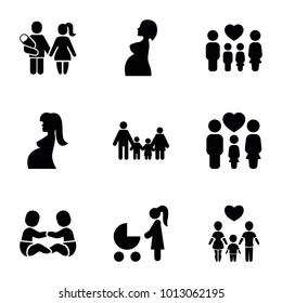 Mom icons. set of 9 editable filled mom icons such as family, woman with baby carriage, pregnant woman, couple with newborn