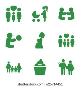 Mom icons set. set of 9 mom filled icons such as muffin, family, pregnant woman, woman with baby carriage