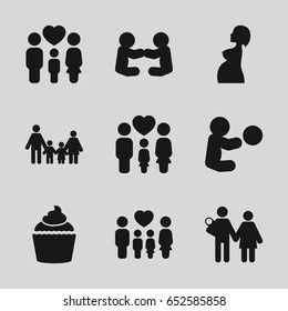 Mom icons set. set of 9 mom filled icons such as muffin, family, pregnant woman, couple with newborn, baby playing with toy