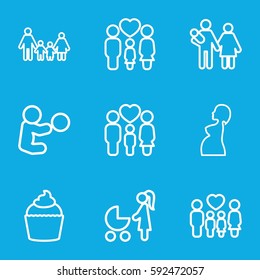 mom icons set. Set of 9 mom outline icons such as muffin, family, pregnant woman, woman with baby carriage, couple with newborn