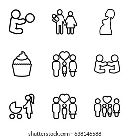 Mom icons set. set of 9 mom outline icons such as muffin, family, pregnant woman, woman with baby carriage