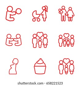 Mom icons set. set of 9 mom outline icons such as muffin, family, pregnant woman, woman with baby carriage