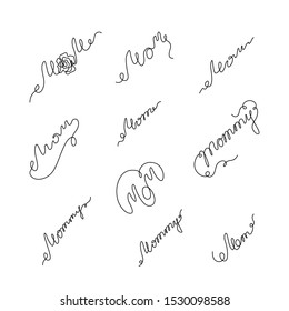 Mom inscriptions set continuous line drawing, tattoo, print for clothes and logo design, one single line on a white background, isolated vector illustration. Hand lettering on Happy Mother's Day.