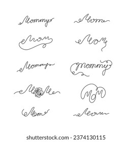 Mom inscriptions set continuous line drawing, tattoo, print for clothes and logo design, one single line on a white background, isolated vector illustration. Hand lettering on Happy Mother's Day.