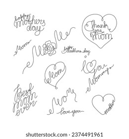 Mom inscriptions set continuous line drawing, hand lettering on Happy Mother's Day, tattoo, print for clothes and logo design, one single line on a white background, isolated vector illustration.