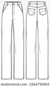 mom Jeans pants fashion flat technical drawing template. High-waist Jeans, slim fit, pockets, women, men, front view, back view, white, CAD mockup.