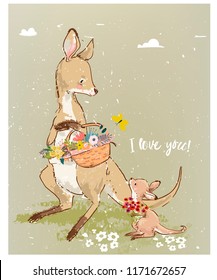 Mom kangaroo with little baby and flowers