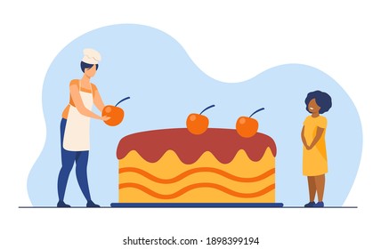 Mom and kid baking cake together. Mother and daughter cooking dessert. Flat vector illustration. Family, home activity, sweet food concept for banner, website design or landing web page