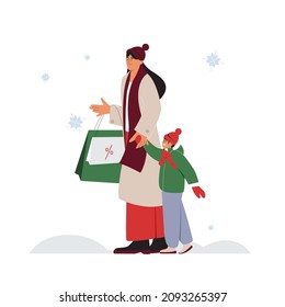 Mom with kid boy during winter holidays. Christmas sale concept, seasonal sale. Flat vector illustration
