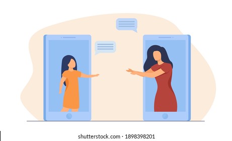 Mom and kid chatting online. Video talk, messenger, gadget screen. Flat vector illustration. Distance communication, family concept for banner, website design or landing web page