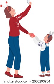 Mom and kid decorate for xmas semi flat color vector characters. Standing figures. Full body people on white. Winter isolated modern cartoon style illustration for graphic design and animation