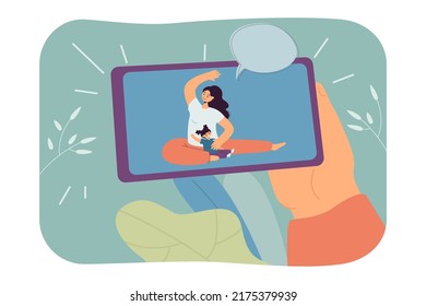 Mom And Kid Doing Yoga On Phone Screen Flat Vector Illustration. Mother Exercising With Little Daughter. Family, Sport, Fitness Concept For Banner, Website Design Or Landing Web Page