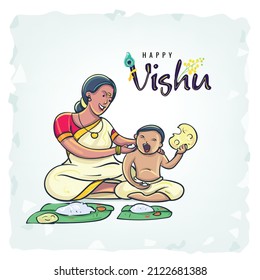 Mom And Kid Eating Vishu Sadya, South India's Festival