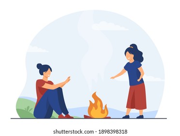 Mom and kid enjoying camping outdoor. Happy woman and girl warming hands at fire. Flat vector illustration. Family activity, adventure concept for banner, website design or landing web page