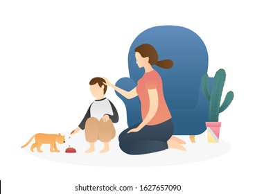 mom and kid feeding the cat. nurturing, care, good parenting, good nurturing, care, bonding, trust and support between parents and children. flat vector illustration