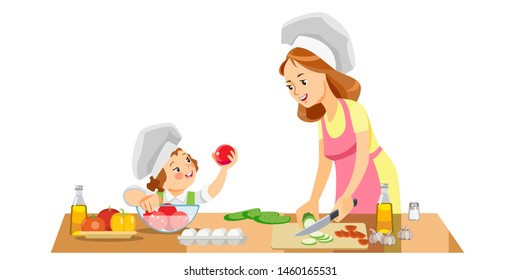 Mom and kid girl preparing healthy food at home. Concept motherhood child-rearing. Mother's day holiday concept. Isolated vector illustration in cartoon style