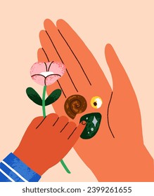 Mom and kid hands. Cute child giving funny gifts, presents to mother. Little stones, flower on palm. Mommy and toddler, love, tender relationships, warmth and tenderness. Flat vector illustration