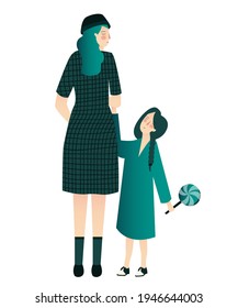 mom and kid hold lollipop with cartoon flat style vector design illustration