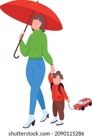 Mom with kid on rain walk semi flat color vector characters. Dynamic figures. Full body people on white. Autumn isolated modern cartoon style illustration for graphic design and animation