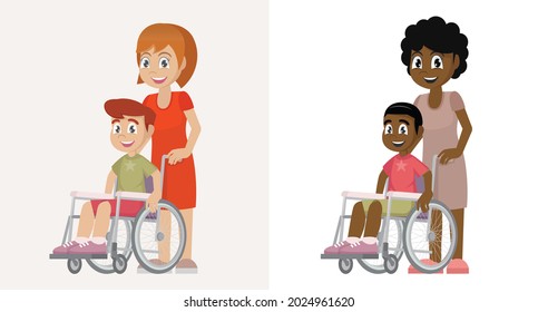 mom and kid on wheelchair.,vector eps10