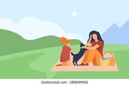 Mom, kid and pet enjoying picnic outdoors. Cat, nature, basket, lawn. Flat vector illustration. Family outdoor activity, leisure time together concept for banner, website design or landing web page