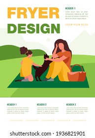 Mom, kid and pet enjoying picnic outdoors. Cat, nature, basket, lawn. Flat vector illustration. Family outdoor activity, leisure time together concept for banner, website design or landing web page