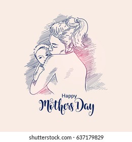 Mom and Kid Sketch for Mother Day Celebration. Vector Illustration