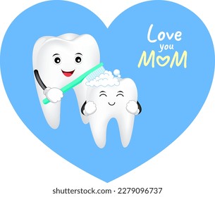 Mom and kid tooth character. Happy mother's day. Dental care concept. Illustration.