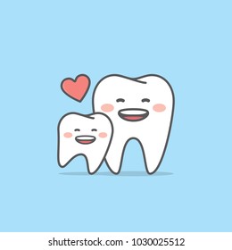 mom & kid tooth character illustration vector on blue background. Dental concept.