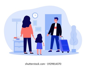 Mom and kid welcoming dad from trip. Happy father with luggage returning home to wife and daughter. Flat vector illustration. Family reunion concept for banner, website design or landing web page