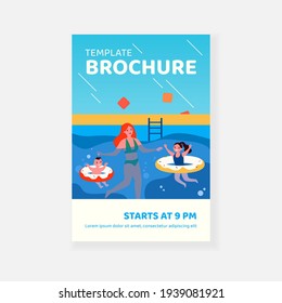 Mom and kids bathing in swimming pool. Water, rubber rings, children, baby. Flat vector illustration. Recreation, family, summer activity concept for banner, website design or landing web page