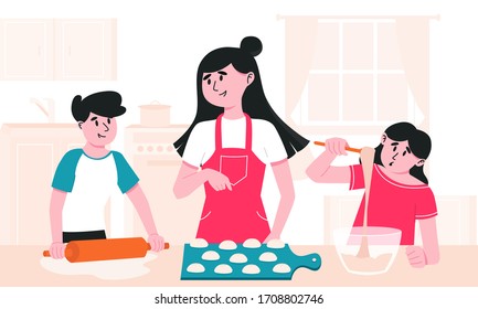 Mom and kids cooking at home together. Boy rolling dough with pin, girl mixing cream in bowl and mother making buns.