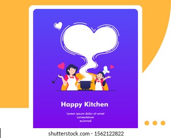 mom and kids cooking together flat illustration