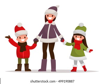 Mom with kids dressed in winter clothes outdoor. Vector illustration of a flat design