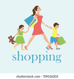 Mom With Kids Are Going To Shopping With Bags, Time To Shopping, Vector