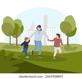 Mom and kids holding hands and running in park near the city. Flat design vector illustration. Family is having fun.